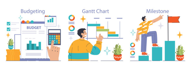 Project Implementation set. Budgeting, charting progress, celebrating milestones. Dynamic figures interact with graphical elements. Flat vector illustration