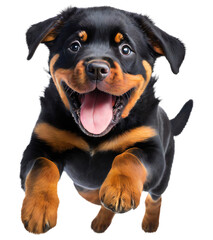 Cute rottweiler puppy jumping. Playful dog cut out at background.