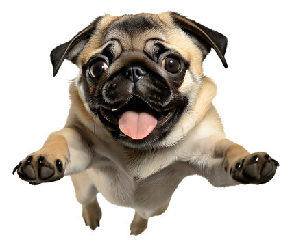 Cute pug puppy jumping. Playful dog cut out at background.