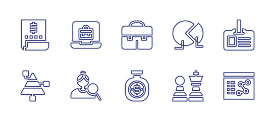 Business line icon set. Editable stroke. Vector illustration. Containing invoice, laptop, suitcase, pie chart, id card, pyramid chart, hiring, money bag, chess, dashboard.
