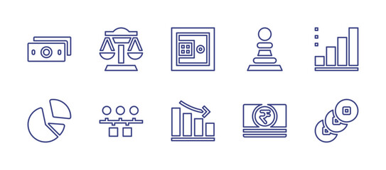 Business line icon set. Editable stroke. Vector illustration. Containing money, balance, safebox, strategy, statistics, pie chart, timeline, graph, rupees, renminbi.