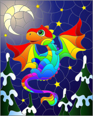 Stained glass illustration with bright rainbow cartoon dragon against a night blue and stars, rectangular image
