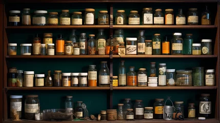 Papier Peint photo Pharmacie A well-stocked medicine cabinet with essential healthcare items and neatly arranged medications.