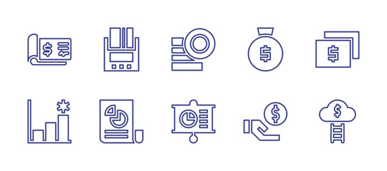 Business line icon set. Editable stroke. Vector illustration. Containing cheque, payment method, coins, money bag, money, revenue, pie chart, analytics, stairs.