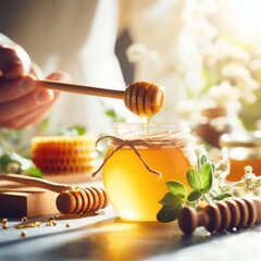 jar of honey dipper honey background - obrazy, fototapety, plakaty