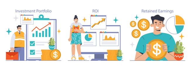 Financial growth set. Professionals analyzing investment portfolio, calculating ROI, celebrating retained earnings. Successful wealth accumulation. Flat vector illustration