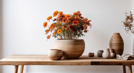 A rustic wooden table with a rustic autumn flower pot against a white wall with copy space. Japandi interior design of modern entrance hall - AI Generataive