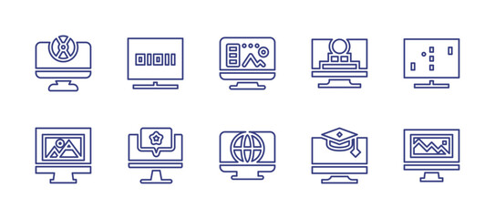 Computer screen line icon set. Editable stroke. Vector illustration. Containing computer, design, web, software, video call, web design, education.
