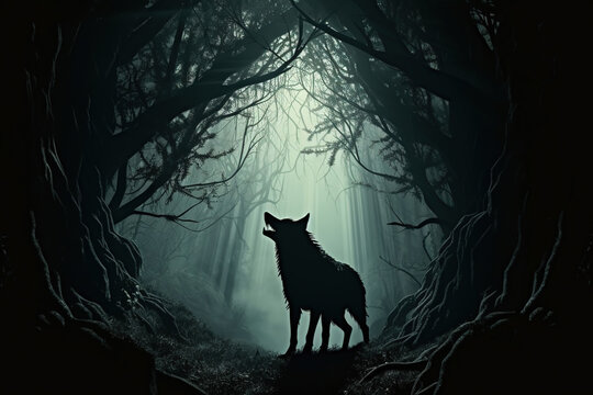 wolf silhouette in dark fantasy forest