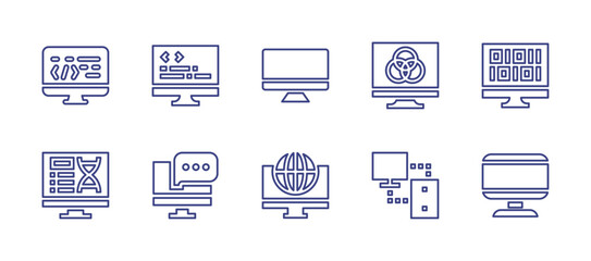 Computer screen line icon set. Editable stroke. Vector illustration. Containing television, internet, code, binary code, chat, monitor, coding, color scheme, dna, connect.