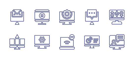 Computer screen line icon set. Editable stroke. Vector illustration. Containing error, dating, no connection, video call, email, message, graphic design, settings, pie chart.