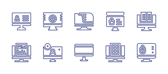 Computer screen line icon set. Editable stroke. Vector illustration. Containing monitor, ecommerce, video call, safe, personal data, ebook, graphics, grid.