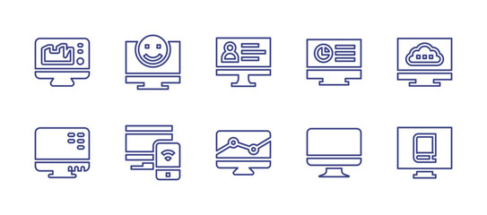 Computer screen line icon set. Editable stroke. Vector illustration. Containing user, computer, emoji, cloud, responsive, book.