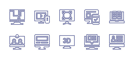 Computer screen line icon set. Editable stroke. Vector illustration. Containing tv, e learning, browser, admin, crop, d, monitor, responsive, online learning, blog.