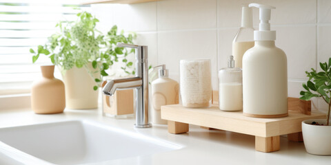 Fototapeta na wymiar eco-friendly bottle Soap dispenser in bathroom interior. AI Generated