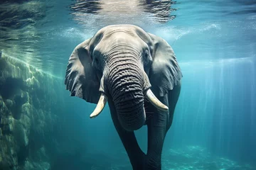 Zelfklevend Fotobehang Swimming African Elephant Underwater. Big elephant in ocean with air bubbles and reflections on water surface © arhendrix