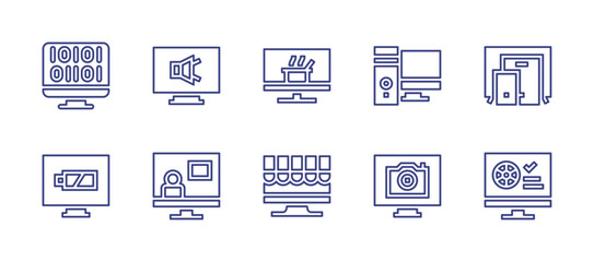 Computer screen line icon set. Editable stroke. Vector illustration. Containing binary code, workstation, battery, camera, tv monitor, online shopping, sound, responsive, video chat, appointment.