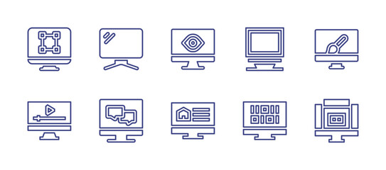 Computer screen line icon set. Editable stroke. Vector illustration. Containing tv, web design, graphic design, monitor, computer, video, comments, binary code, social media.