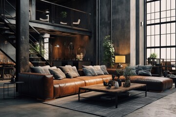 Cozy Living Room with Staircase - obrazy, fototapety, plakaty