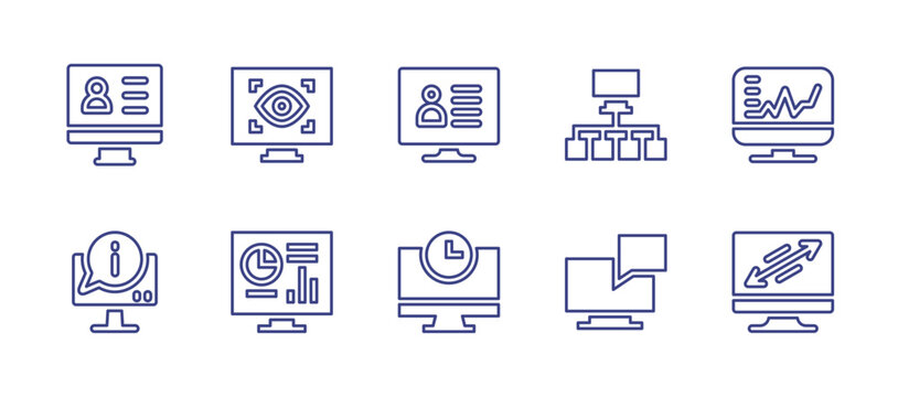 Computer screen line icon set. Editable stroke. Vector illustration. Containing monitoring, computer monitor, dashboard, screen, online voting, network, user, notification, message, clock.
