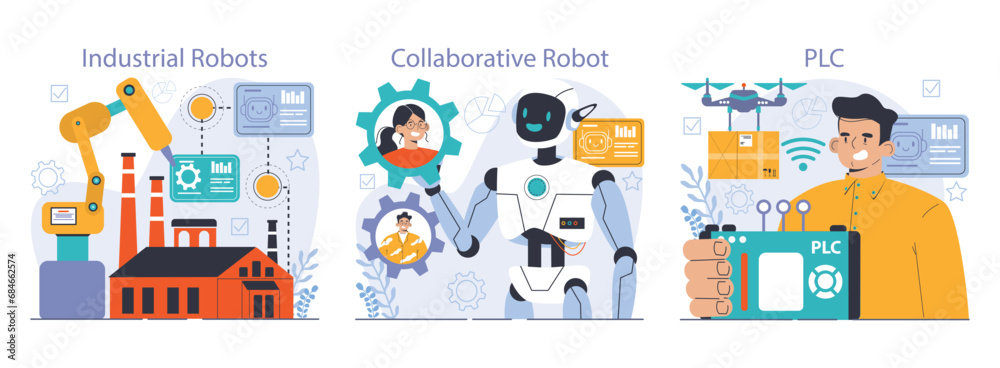 Poster robotic manufacture set. automated systems or ai working for manufacturing process. industrial robot