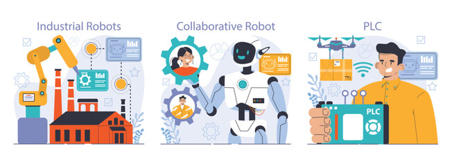 Robotic manufacture set. Automated systems or AI working for manufacturing process. Industrial robots development. Business integration with automated technology. Flat vector illustration