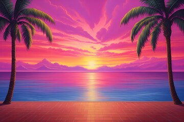 Fototapeta premium Idyllic travel destination private island with awe inspiring golden hour sunset and colorful clouds over the calm ocean horizon - tranquil holiday in paradise - palm trees and sandy beaches.
