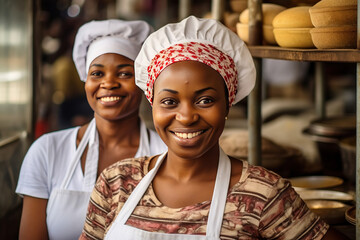 Smiling african female bakers looking at camera.Chefs baker in a chef dress and hat, cooking together in kitchen. - obrazy, fototapety, plakaty