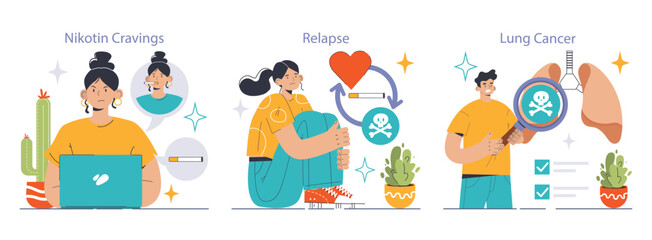 Smoking cessation journey set. Woman fights nicotine cravings, enduring heartbreak of relapse, man detects early signs of lung cancer. Dangers of smoking. Health risks, prevention awareness.