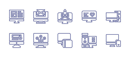 Computer screen line icon set. Editable stroke. Vector illustration. Containing computer, monitor, informatics, digitalization, responsive, startup.