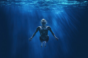 professional swimmer underwater in abyss isolated on blue background