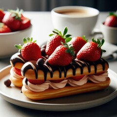 chocolate eclair with strawberries sweet food background for post and banners	
