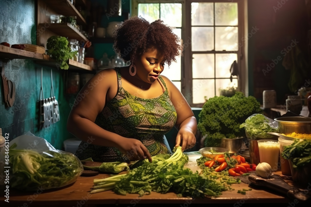 Wall mural Plus size african american woman in apron chopping vegetables in kitchen. healthy lifestyle, food, cooking and domestic life, unaltered. - Wall murals