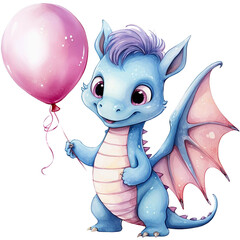 Baby Blue Dragon holding a pink ballon. Watercolor clipart style on White Background, PNG File.