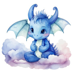 Baby Blue Dragon sleeping the cloud. Watercolor clipart style on White Background, PNG File.