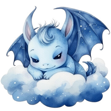 Baby Blue Dragon Sleeping The Cloud. Watercolor Clipart Style On White Background, PNG File.