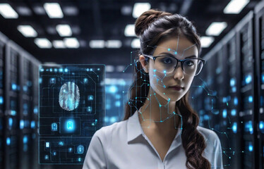 Digital technology, internet network and cybersecurity of data center. Data engineer using fingerprint biometrics technology in a server room to access data connecting with database and AI