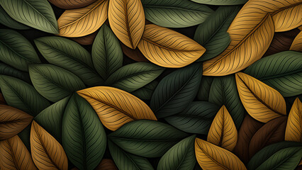 Illustration of leaves in green, brown, and white colors