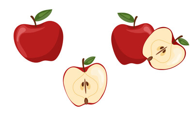3d realistic vector set, apple and apple slice. Apple on white background