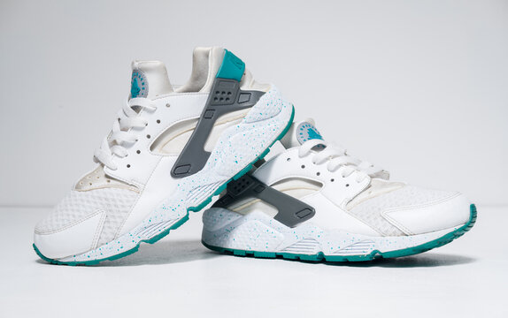 kent, uk 01.01.2023 Huarache Nike Air Huarache 2014 White Turbo Green. nike air running shoes on a white isolated background.
