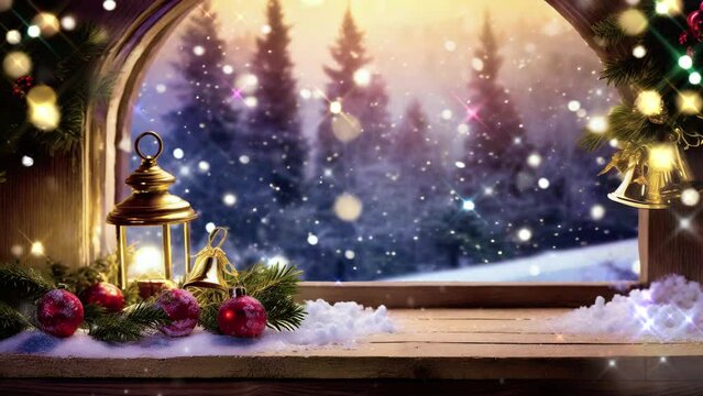Christmas Window Sill Decoration , with snowfall ,  Animation