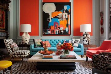 An eclectic living room with mix-and-match furniture, bold patterns, and vibrant artwork.