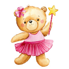 Teddy bear ballerina on isolated background. Watercolor hand drawn illustration. Cute little bear girl, poster © Hanna