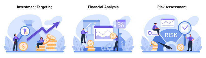 Financial Mastery set. Focused on pinpointing growth opportunities, evaluating economic health, and mitigating monetary risks. Flat vector illustration