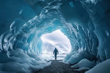 Poster Mountain climber standing inside an icecave in a glacier in Iceland © arhendrix