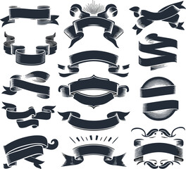 Graphic set of simple rectangle ribbons Vector black shape Image white background
