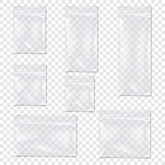 Clear vinyl zipper pouch with hanging hole. Vector mock-up set. Transparent poly plastic bag with zip lock mock-up collection. PVC ziplock package template