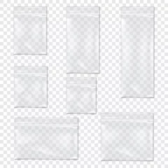 Fotobehang Clear vinyl zipper pouch with hanging hole. Vector mock-up set. Transparent poly plastic bag with zip lock mock-up collection. PVC ziplock package template © JAYANNPO