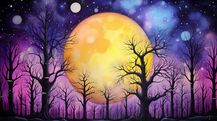 A large yellow full moon in the middle of the forest, drawn with purple and dark blue and black colored pencils.