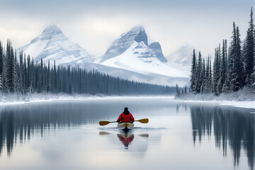 Male traveler in winter coat canoeing in Spirit Island on Maligne Lake at Jasper national park, AB, Canada